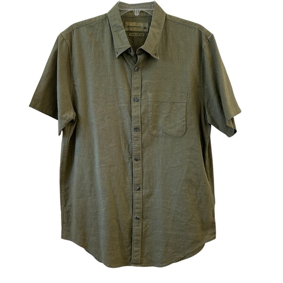 Abercrombie & Fitch Olive Moss Green Linen Blend Short Sleeve Button Down Shirt - Picture 1 of 6